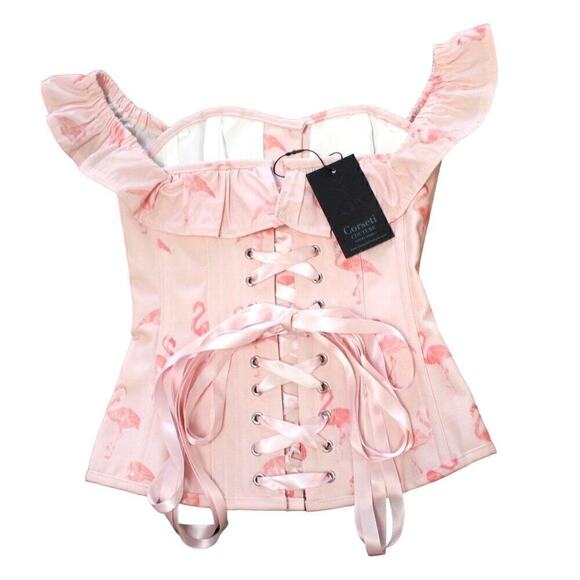EU Steel Boned Corset Top Pink Flamingo Statement Lace Up NWT Various Sizes - Picture 9 of 12